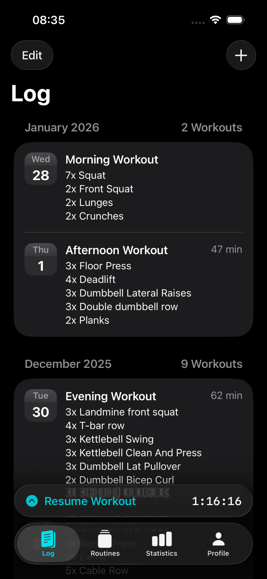 RepCount workout history in dark mode with completed training sessions organized by date