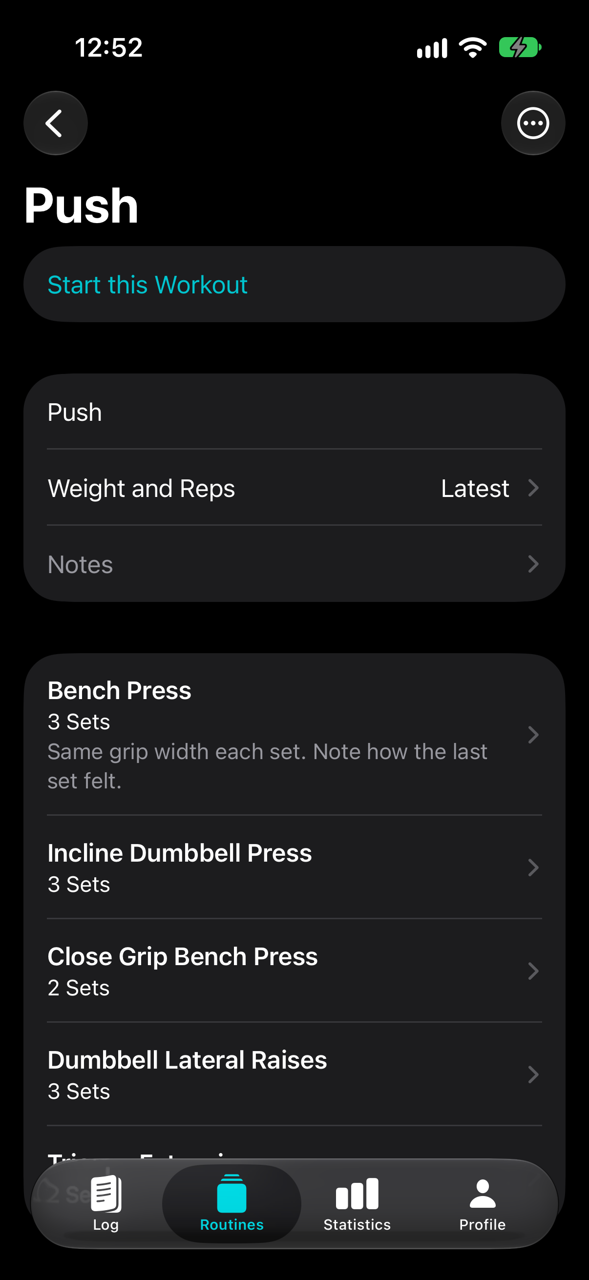 A saved Push routine in RepCount with exercise set counts and a Bench Press note about grip width