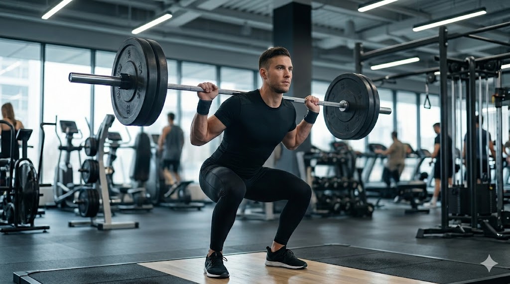 Man performing a barbell back squat in a modern gym