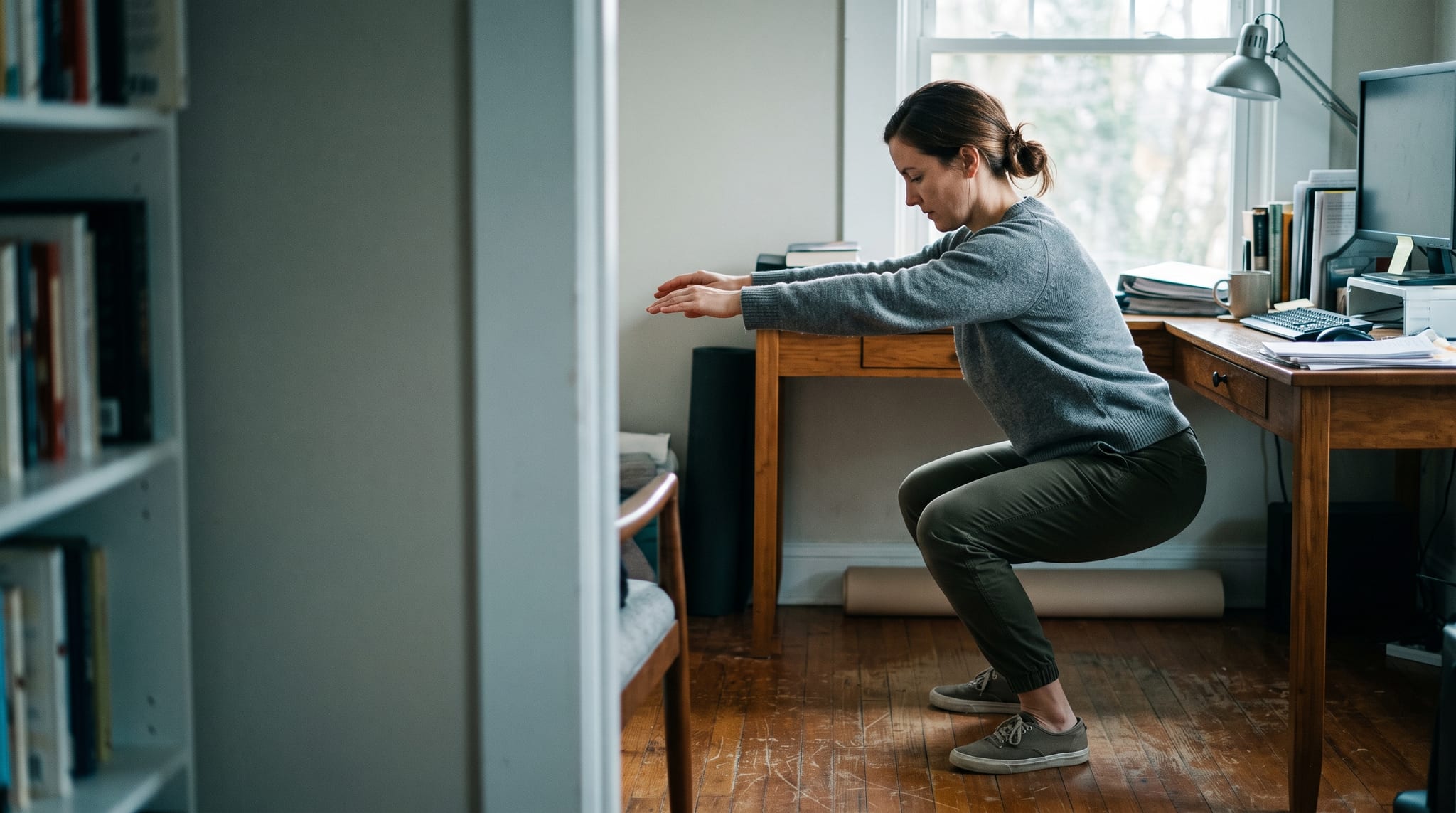 A woman doing a bodyweight squat beside a desk in a home office