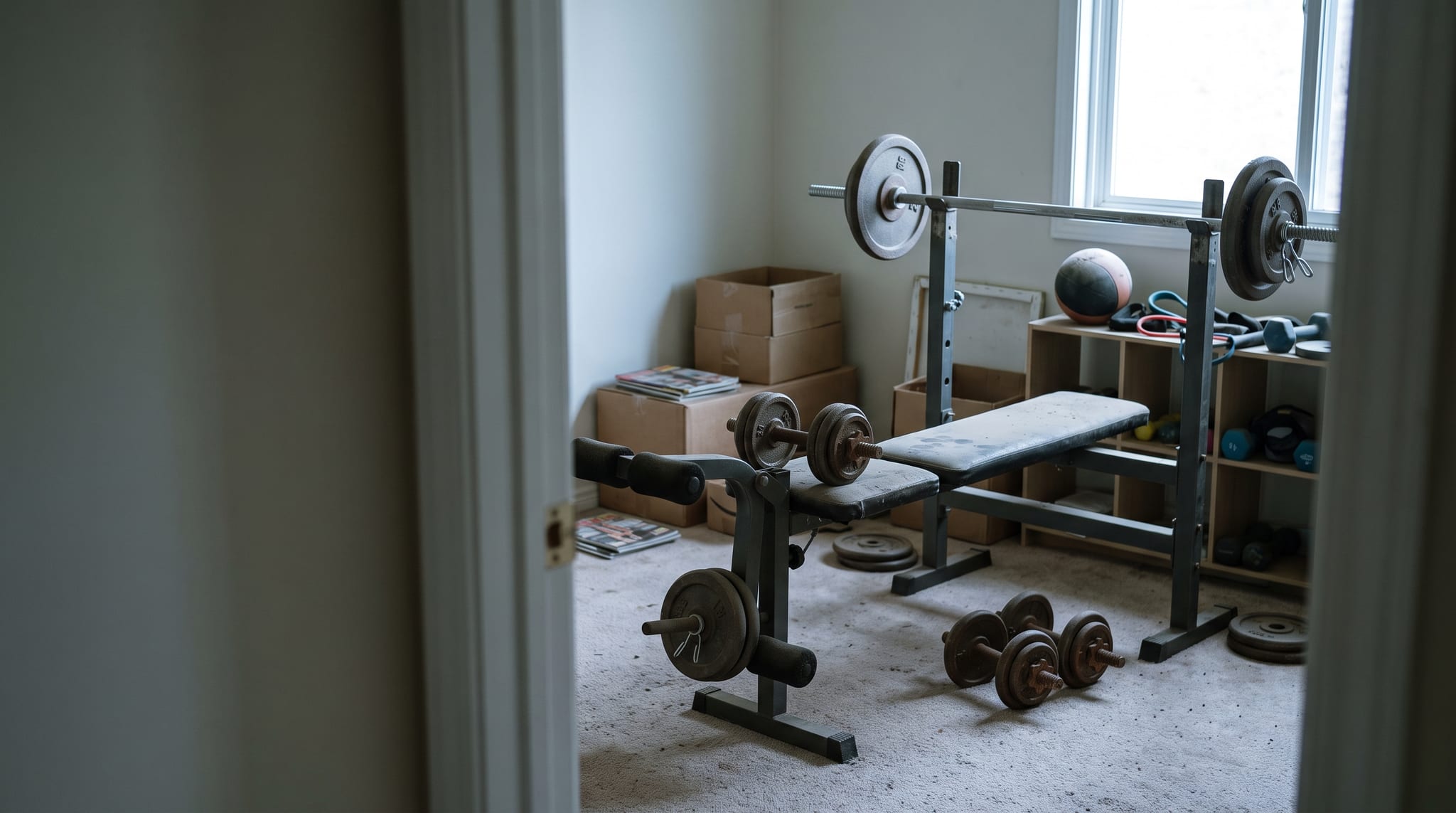 An unused home gym with dust on the bench, seen through a doorway